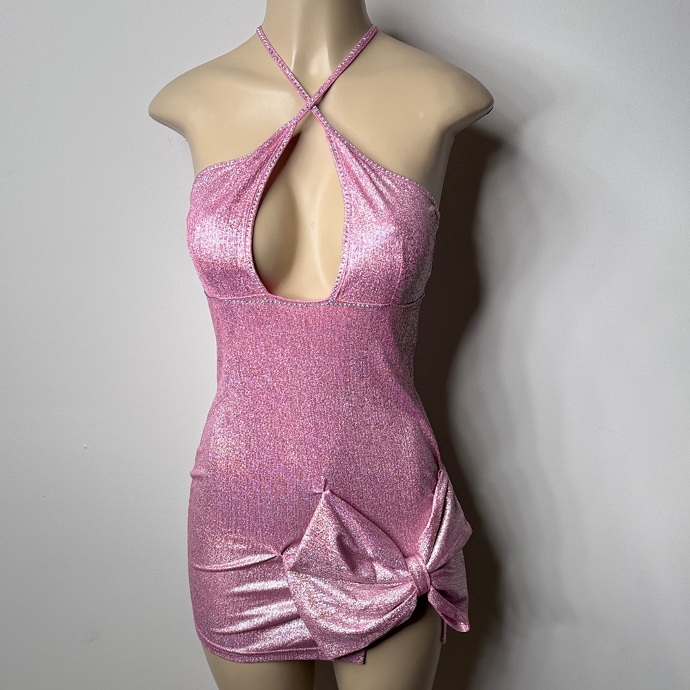 SHEIN Shimmer Pink Halter Keyhole Mini Dress with Side Knot NWOT